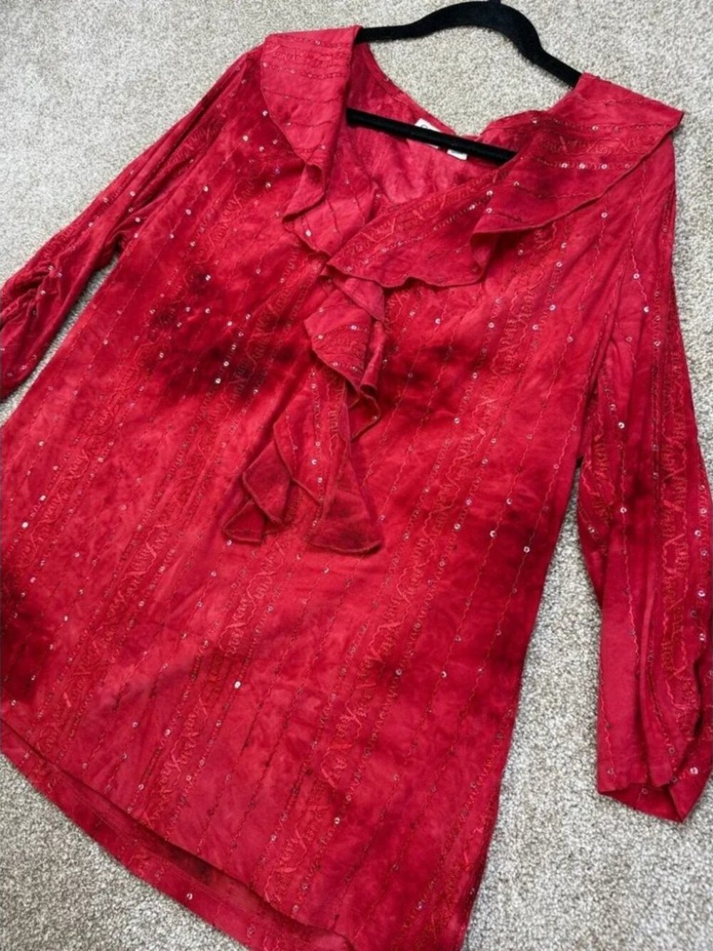 Cato Woman Red Tie Dye Sequin Embroidered Ruffle V-Neck Blouse 14/16W VTG Boho